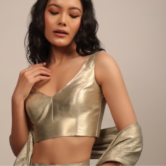Kalki Tops - Golden Sleeveless Blouse In Gold Brocade With A V-Neckline